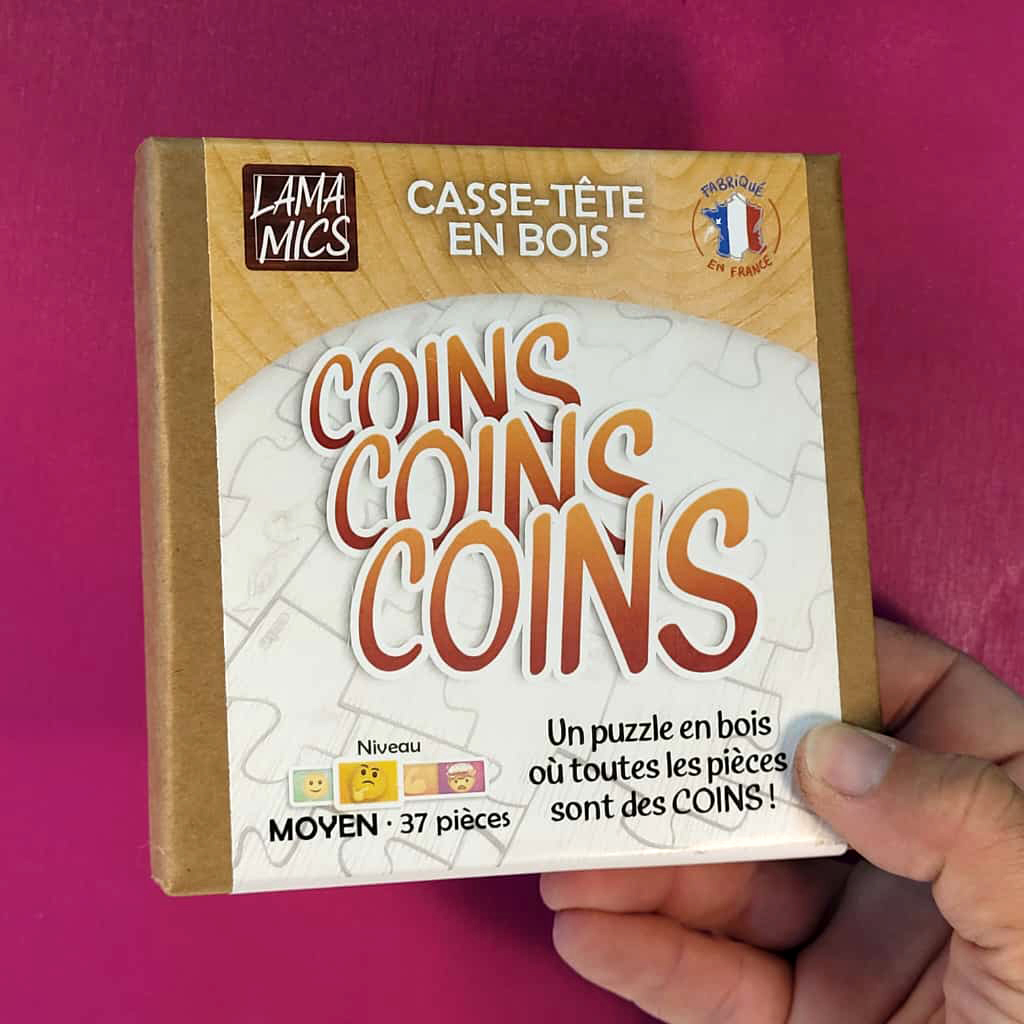 puzzle logique en bois original "Coins Coins Coins" - toutes les pièces sont des coins - imaginé conçu fabriqué en France, découpé au laser