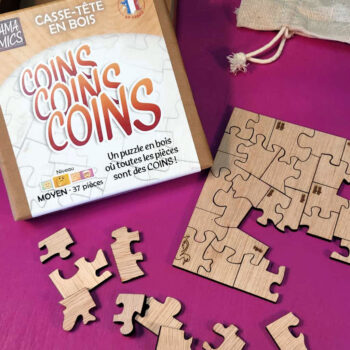 puzzle logique en bois original "Coins Coins Coins" - toutes les pièces sont des coins - imaginé conçu fabriqué en France, découpé au laser