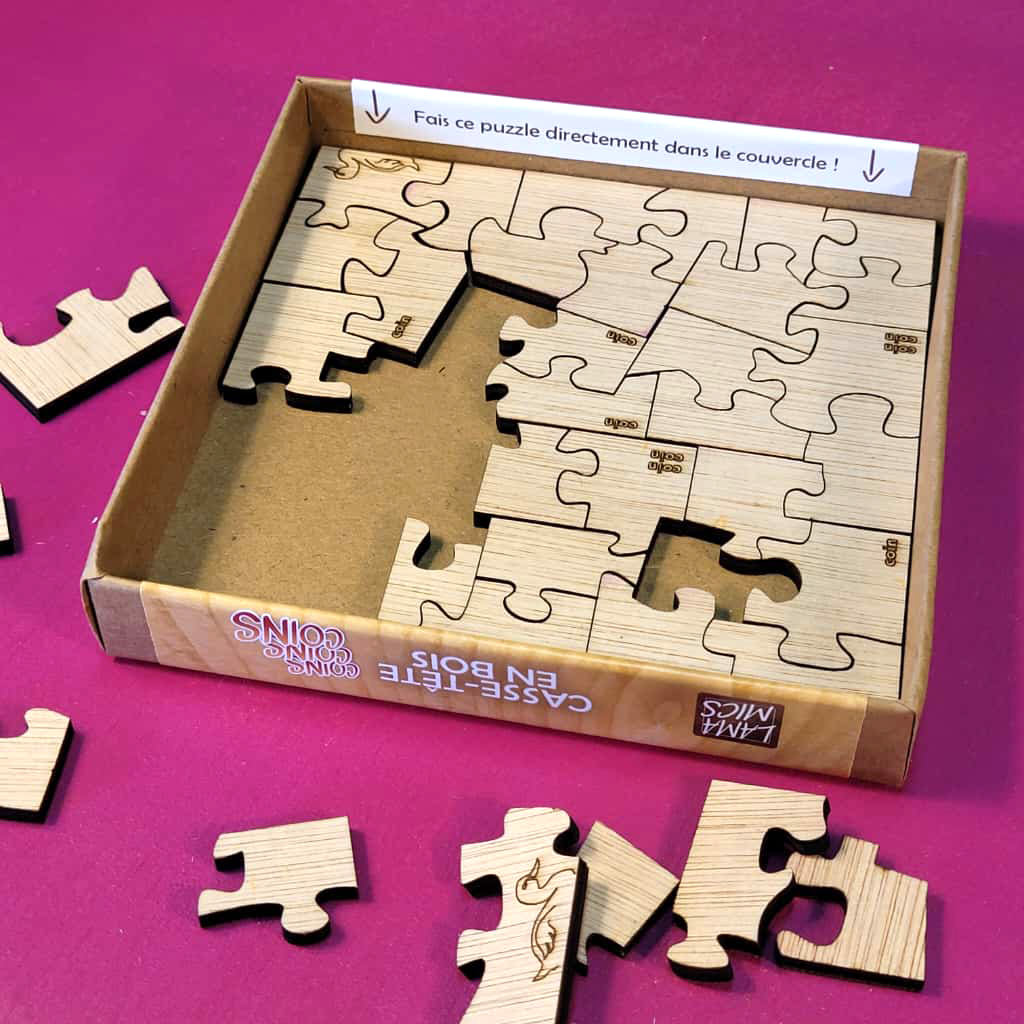 puzzle logique en bois original "Coins Coins Coins" - toutes les pièces sont des coins - imaginé conçu fabriqué en France, découpé au laser