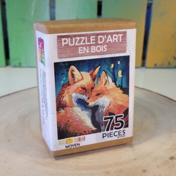Puzzle d'art, puzzle engagé en bois, pour le vivant. Découpé à la main, découpe unique. Fabriqué en France près de Nantes. 2 renards en forêt, 75 pièces , puzzle pour méditation, puzzle pour passionnés