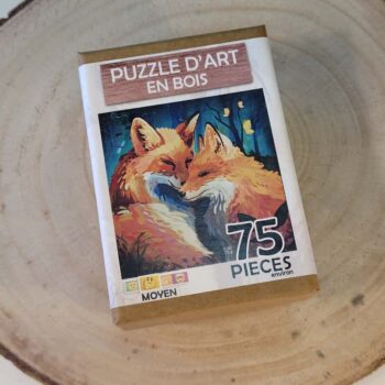 Puzzle d'art, puzzle engagé en bois, pour le vivant. Découpé à la main, découpe unique. Fabriqué en France près de Nantes. 2 renards en forêt, 75 pièces , puzzle pour méditation, puzzle pour passionnés
