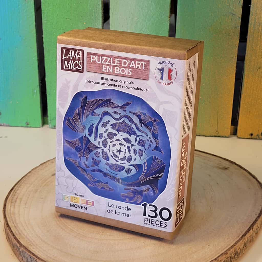 Puzzle engagé en bois, pour le vivant. Découpé à la main, découpe unique. Fabriqué en France près de Nantes. Balade oceane, la mer, 130 pièces, puzzle pour méditation