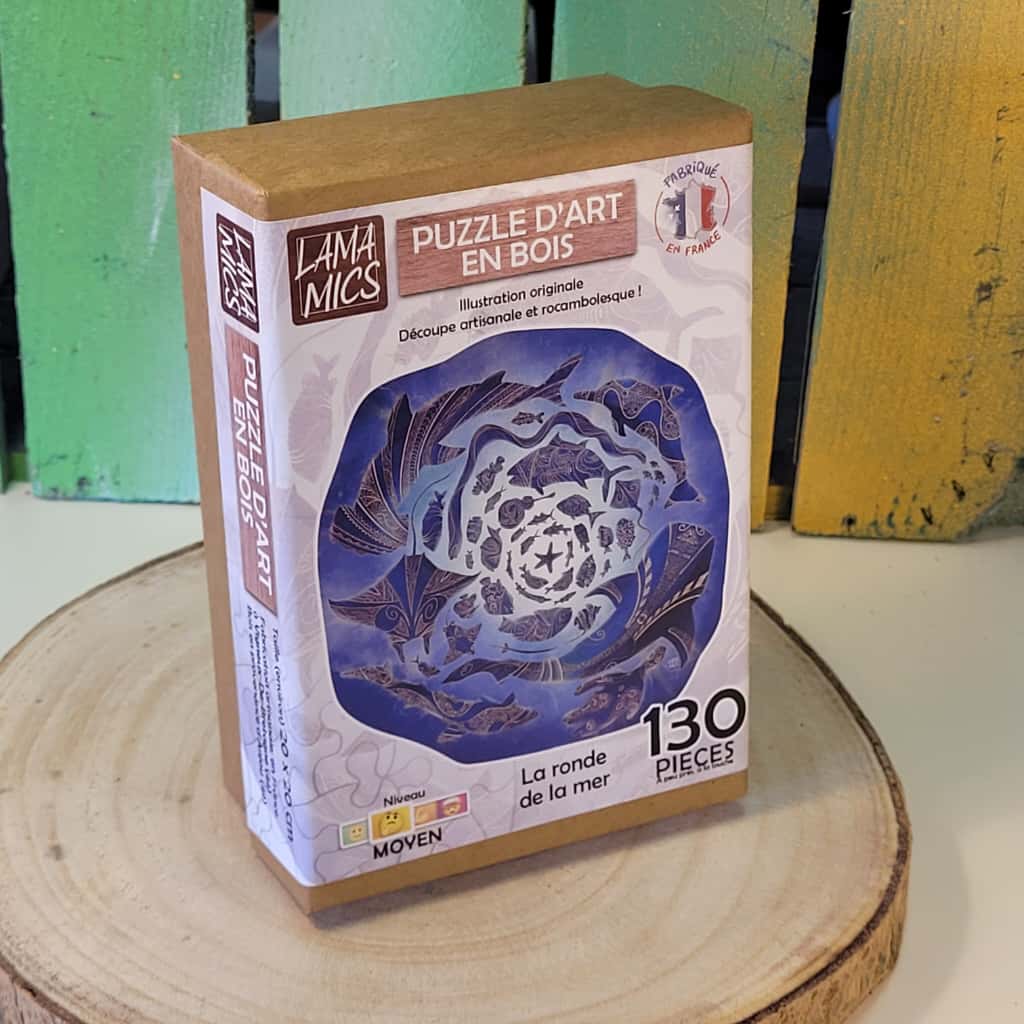 Puzzle engagé en bois, pour le vivant. Découpé à la main, découpe unique. Fabriqué en France près de Nantes. Balade oceane, la mer, 130 pièces, puzzle pour méditation